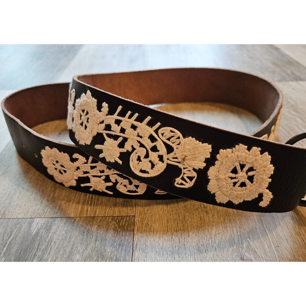 Lucky Brand Brown Leather Belt XL Embroidered Floral Boho Western